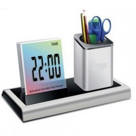 Color Change Digital Desk Clock with Pen Holder - JK-286 - Silver - 1