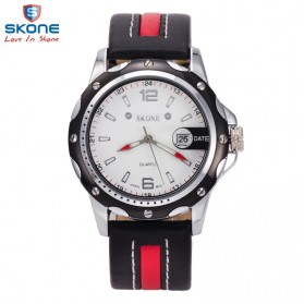 SKONE Casual Men Leather Strap Watch Water Resistant 10m - 9117 - Black/Red - 1