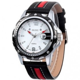 SKONE Casual Men Leather Strap Watch Water Resistant 10m - 9117 - Black/Red - 2