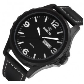 SKONE Casual Men Leather Strap Watch Water Resistant 10m - 9392AG - Black - 1