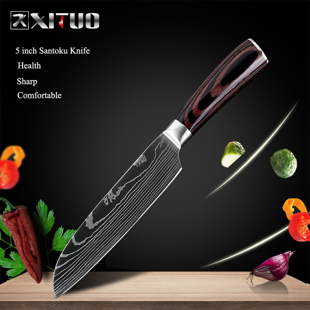 XITUO Pisau Dapur Chef Damascus Pattern 5 Inch Santoku Knife Silver