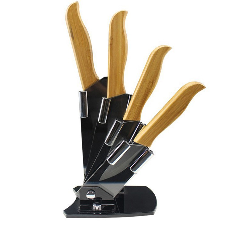 Set Pisau Dapur Kitchen Knife Handle Bambu 4 in 1 with Knife Rack - BFH