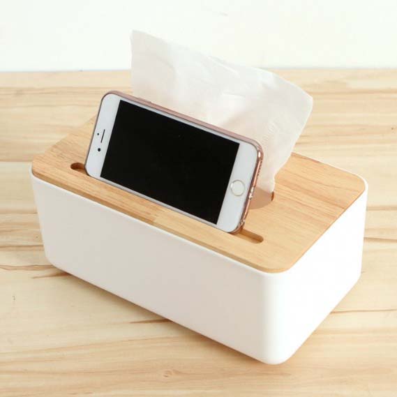 Gambar produk TaffHOME Kotak Tisu Kayu dengan Smartphone Holder Mobile and Tissue Box - ZJ005