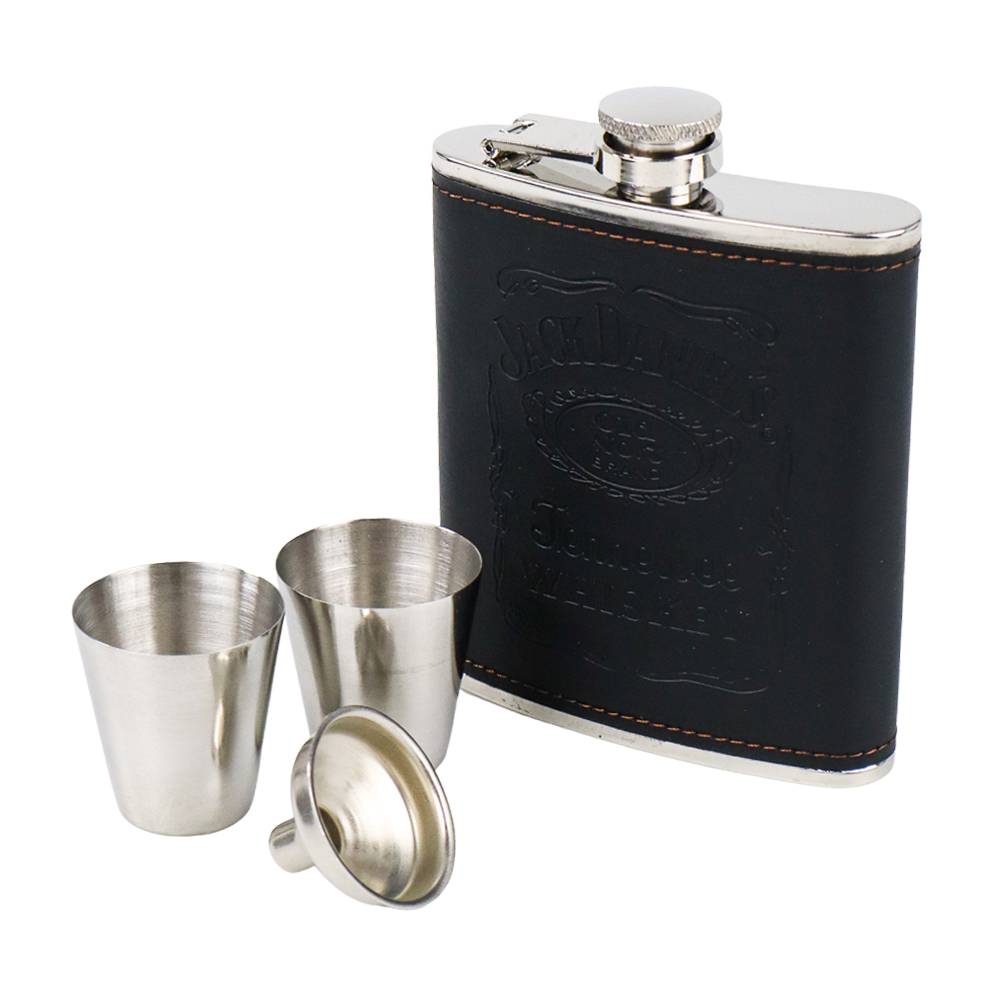 Gambar produk One Two Cups Botol Bir Hip Flask Stainless Steel Leather 7 Oz with Shot Glass