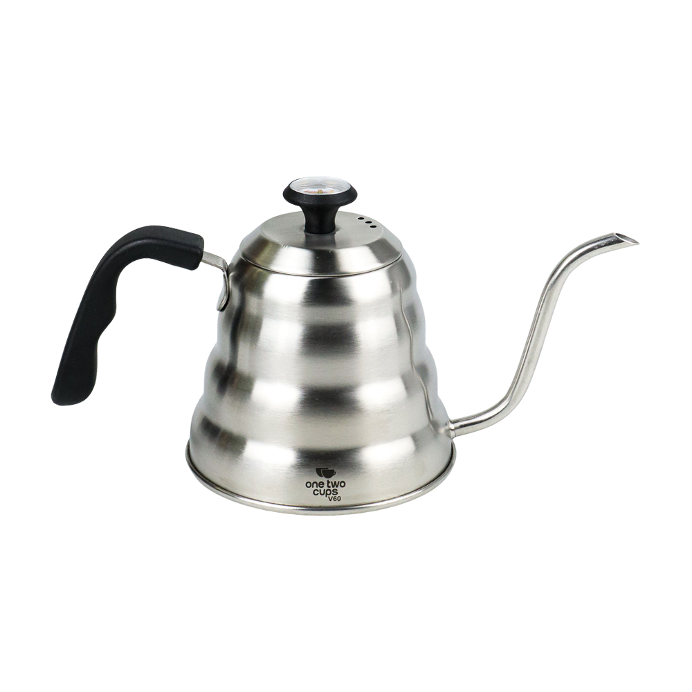 One Two Cups Coffee Maker Pot V60 Drip Kettle Teko Barista 1200ML with Thermometer Silver