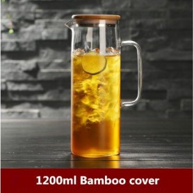 BORREY Teko Pitcher Teh Chinese Teapot Borosilicate Glass Bamboo Lid 1200 ml - CW2366 - Transparent