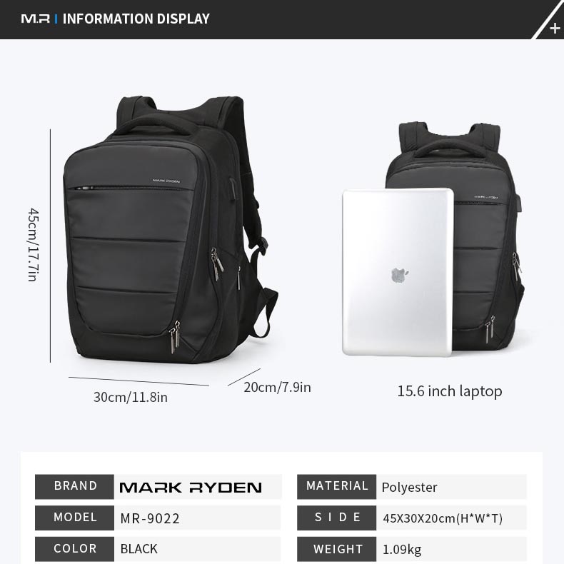 Mark Ryden Mochila Tas Ransel Laptop 15 Inch dengan USB Charger Port -  MR9022 - Black - JakartaNotebook.com