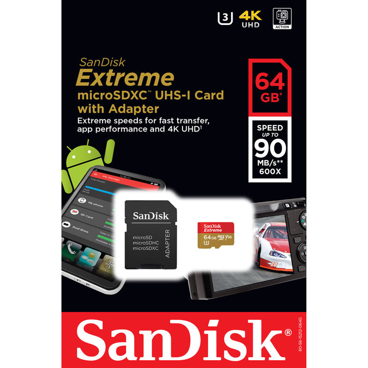 SanDisk Extreme microSDXC Card UHSI Class 10 U3 V30 (90MB/s) 64GB with