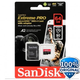 Sandisk MicroSDXC Extreme Pro A2 V30 UHS-1 (170MB/s) 64GB with SD Card Adapter - SDSQXCY-064G-GN6MA - Black - 1