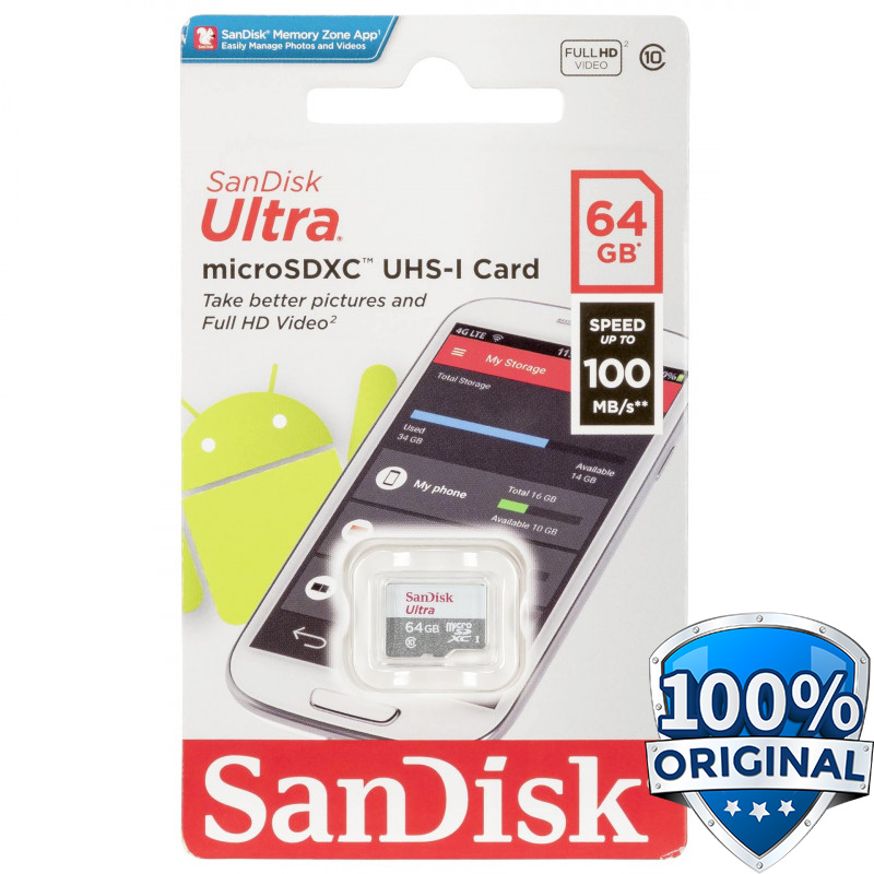 SanDisk Ultra microSDHC Card UHSI Class 10 (100MB/s) 64GB SDSQUNR