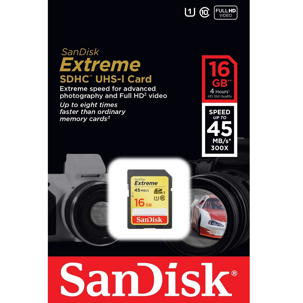 SanDisk Extreme SDHC Card UHSI Class 10 (45MB/s) 16GB SDSDX016GX46
