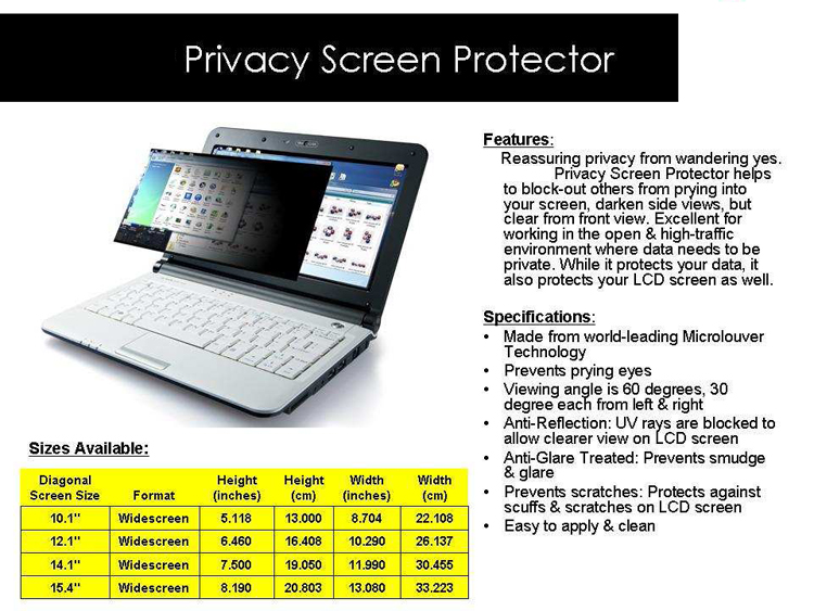 Anti Spy Screen Protector LCD 10.1 Inch Size 223 x 126 mm 