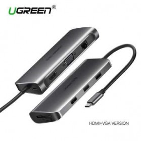UGREEN USB Type C LAN Adapter + HDMI + VGA + Card Reader + USB Hub 3 Port - CM179 - Gray