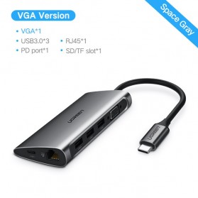 UGREEN USB Type C LAN Adapter + VGA + Card Reader + USB Hub 3 Port - CM147 - Gray