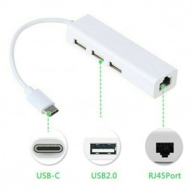 USB Type-C Lan Adapter with 3 Port USB Hub - SYZD-LAN100+U2 - White - 1