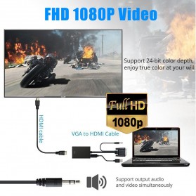 Kabel Adapter Converter VGA Male ke HDMI 1080P dengan Audio - Black - 8