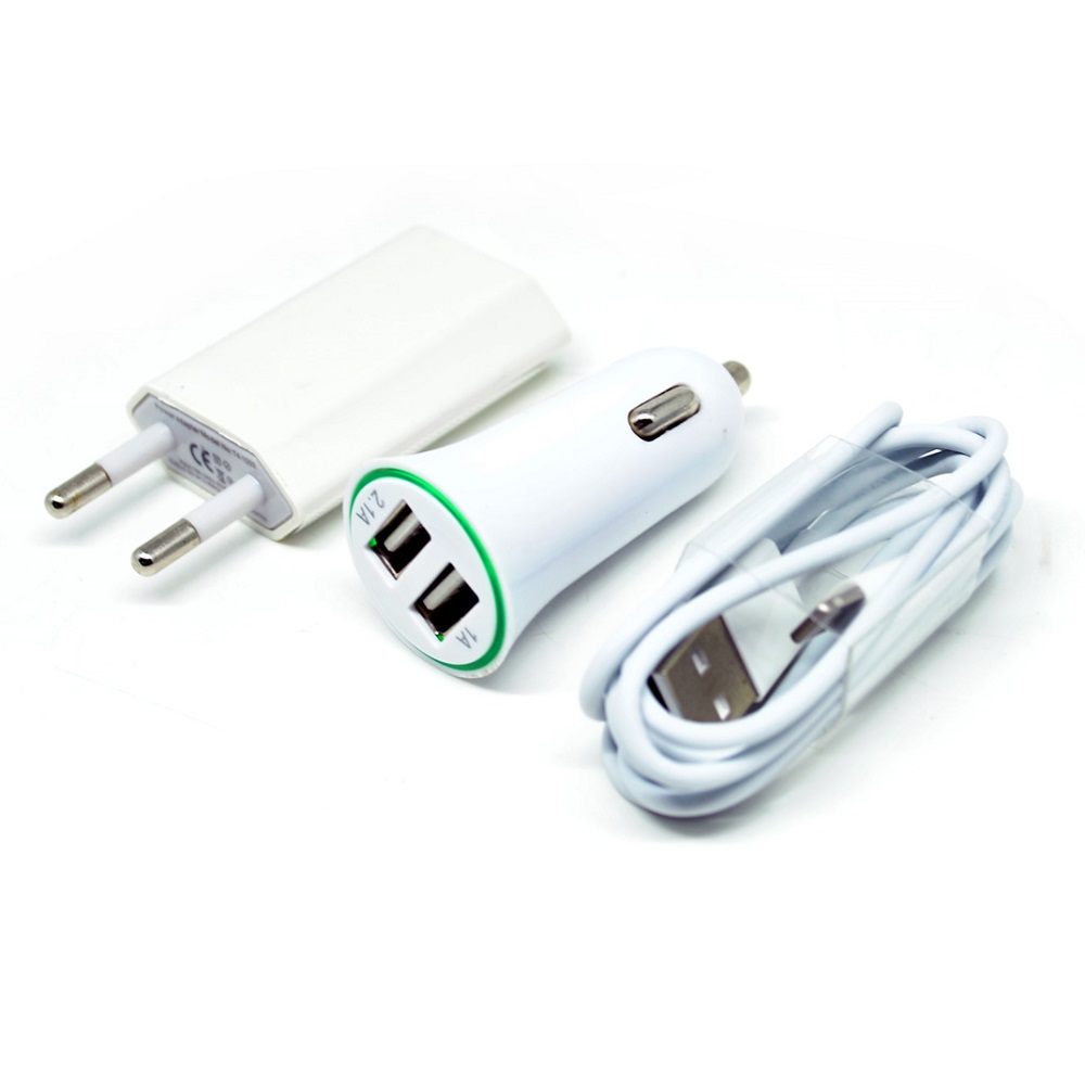3 in 1 EU Plug Car Charger + USB Lightning Cable + Adapter 