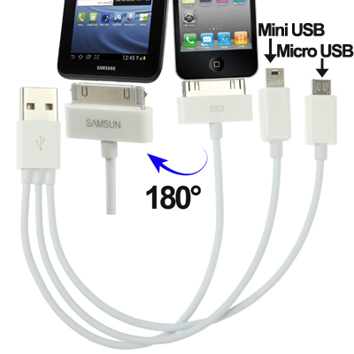 USB 2.0 to iPhone 30 pin / Samsung Galaxy Tab 30 pin + Micro USB + Mini USB  Cable, Length: 21.5cm - White - JakartaNotebook.com