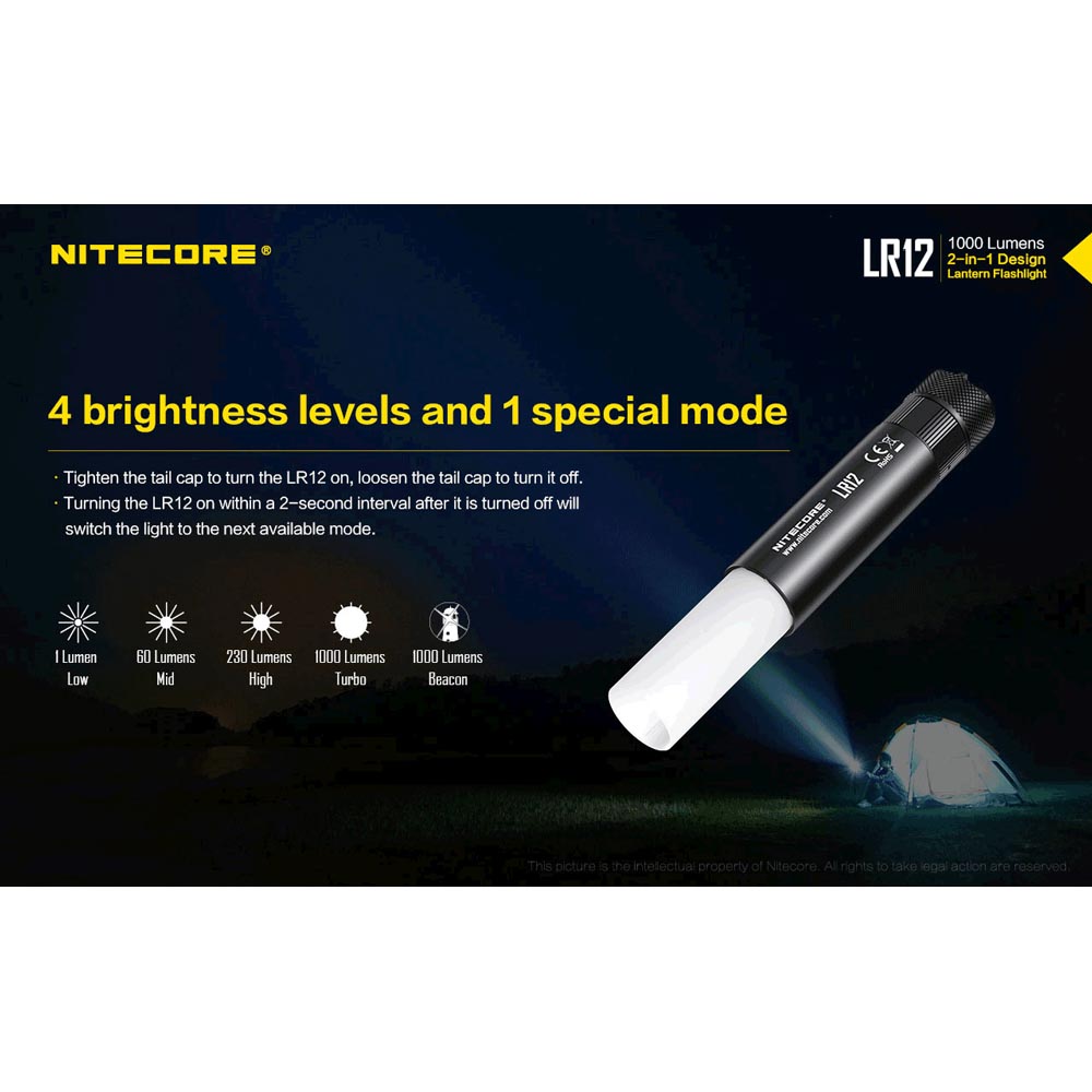 NITECORE LR12 1000 Lumen Lantern Flashlight w// Two Batteries /& Charger