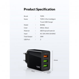 TOPK Charger USB Fast Charging 3 Port QC3.0 30W - B354Q - Black - 7