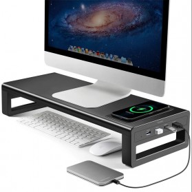 Vaydeer Meja Monitor Stand Riser Aluminium 4 Port USB 3.0 + Wireless Charging - V320 - Black