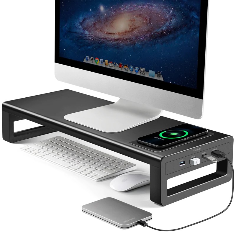 Vaydeer Meja Monitor Stand Riser Aluminium 4 Port USB 3.0 + Wireless
