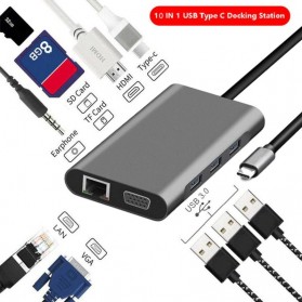 EASYIDEA Portable USB Type C Hub 10 in 1 HDMI + VGA + USB 3.0 + RJ45 + Card Reader + PD Charging - HB3004 - Gray