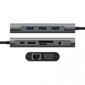 EASYIDEA Portable USB Type C Hub 10 in 1 HDMI + VGA + USB 3.0 + RJ45 + Card Reader + PD Charging - HB3004 - Gray - 9