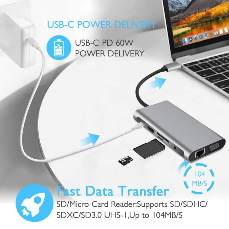 EASYIDEA Portable USB Type C Hub 10 in 1 HDMI VGA USB 