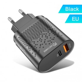 USLION Charger USB Type C USB A PD QC 3.0 20 W 2 Port - BK-384 - Black - 1