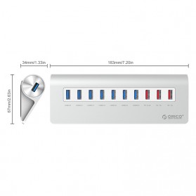 Orico Aluminium USB 3.0 High Speed HUB 7 Port + 3 Charging Port - M3H73P - Silver - 3