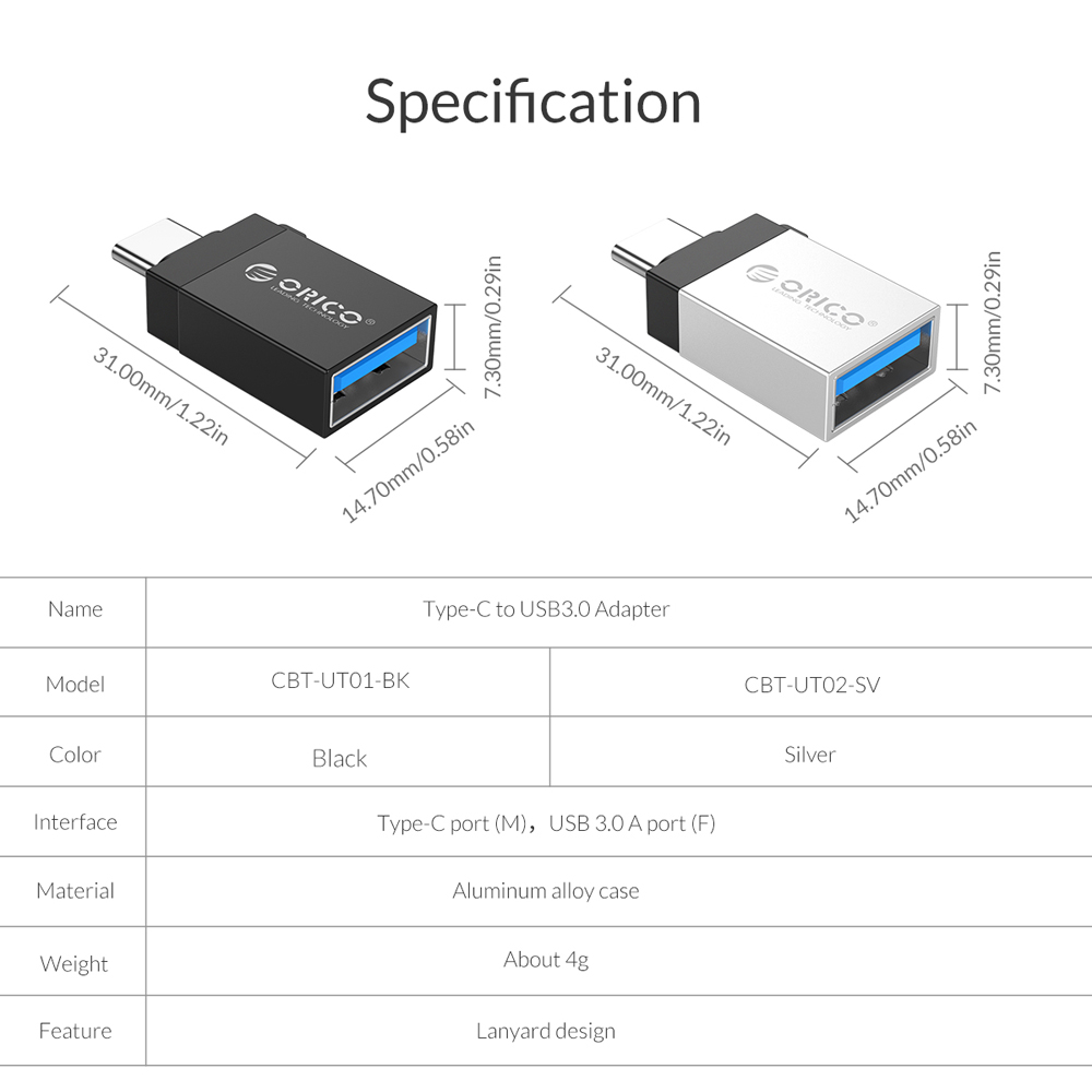 Gambar produk Orico USB Type C to USB Type A 3.0 OTG Adapter Converter - CBT-UT01