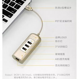 Remax Cati LAN Adapter with 3 Ports USB HUB - RU-U4 - Golden - 7