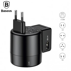 Adapter & Konverter Travel - Baseus Universal Travel Adapter Charger dengan 2 USB Ports - ACCHZ-01 - Black