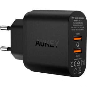 Aukey Charger USB 2 Port EU Plug 36W dengan QC 2.0 & AIPower - PA-T7 - Black - 1