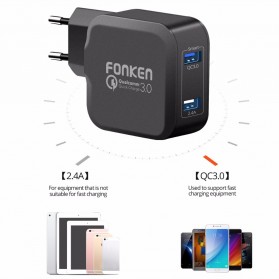 FONKEN Charger USB EU Plug 2 Port Quick Charge 3.0 27W - Black - 3