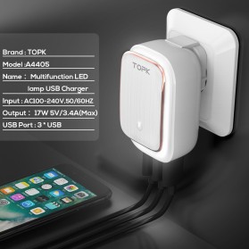 TOPK Charger USB 3 Port 3.4A dengan Lampu LED - White - 7