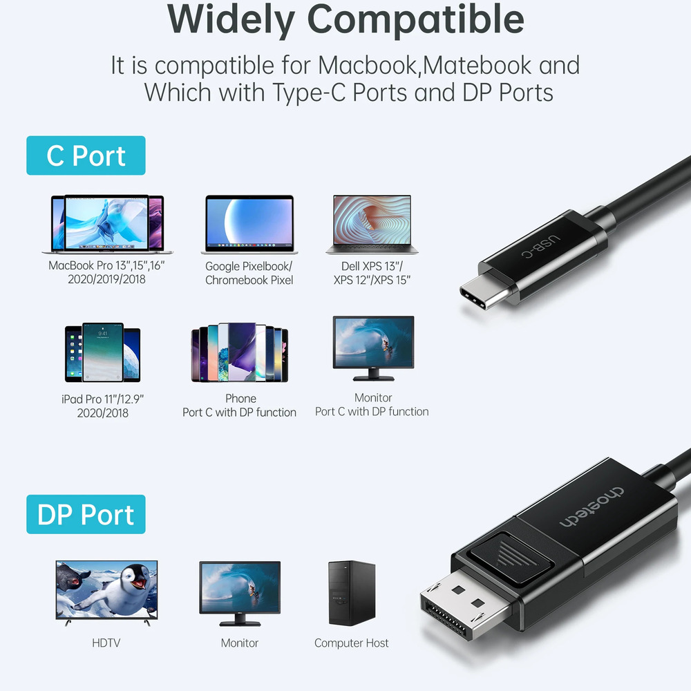 Gambar produk CHOETECH Kabel USB Type C to Display Port 8K 30Hz 1.8M - XCP-1803