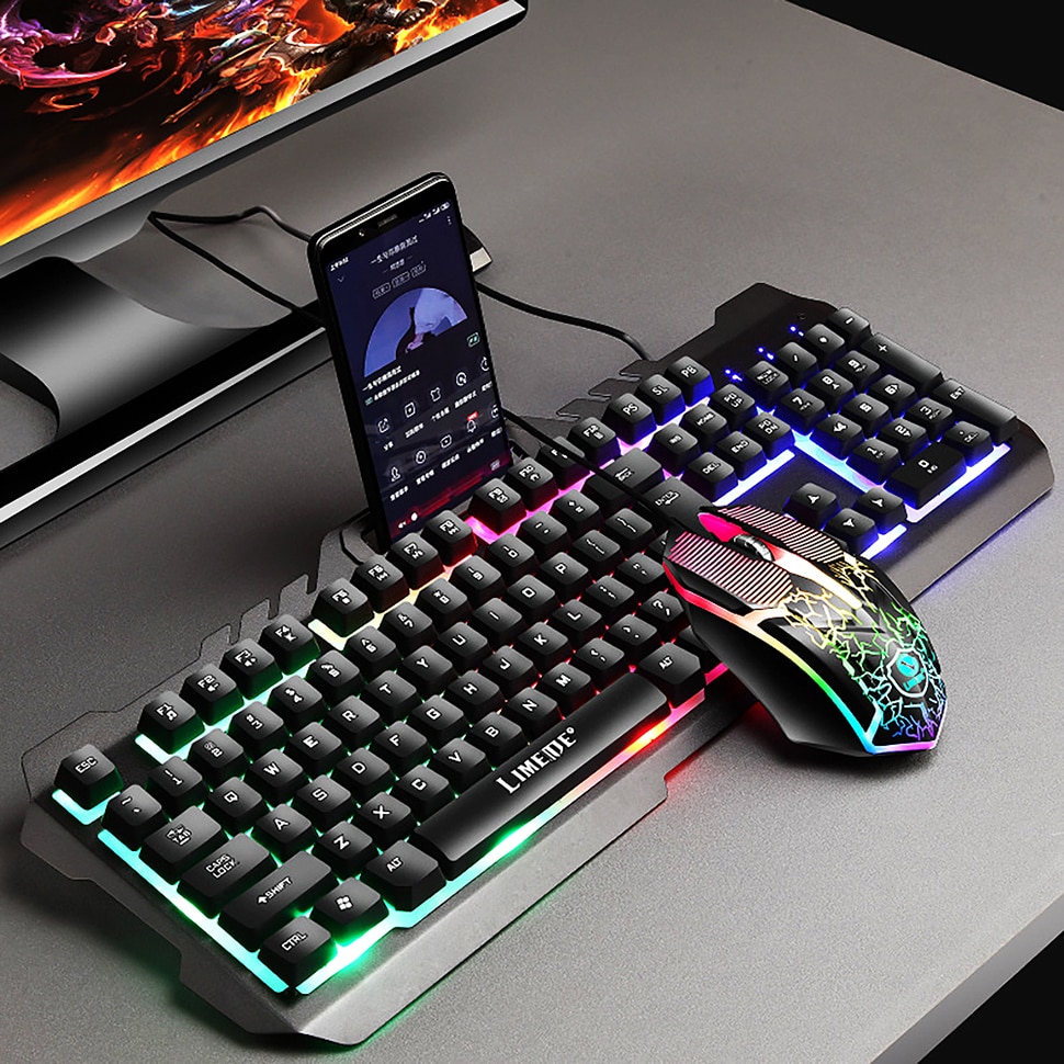 HXB Combo Keyboard Gaming RGB with Mouse + Holder Smartphone - T21 - Black - JakartaNotebook.com