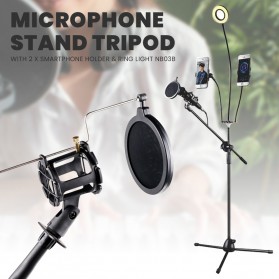 Microphone Standing Holder Tripod with 2 x Smartphone Holder & Ring Light - NB-03B - Black