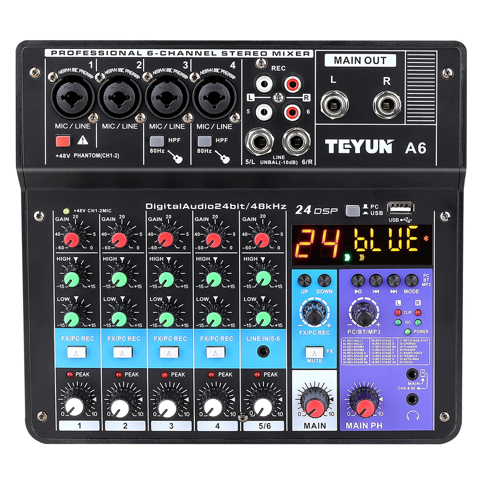 TEYUN Wireless Sound Mixing Console Mixer 6 Channel Phantom Power 48V