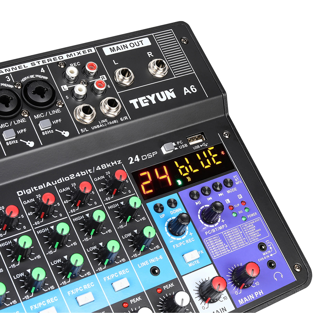 TEYUN Wireless Sound Mixing Console Mixer 6 Channel Phantom Power 48V