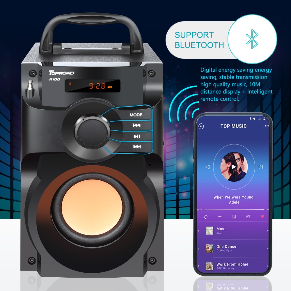 TOPROAD Bluetooth Speaker Heavy Bass FM TF AUX USB with Remote Control