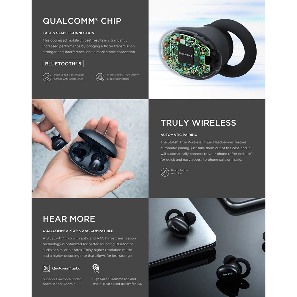 Xiaomi 1More TWS Earphone True Wireless Bluetooth 5.0 aptX ACC with  Charging Case - E1026BT - Black - JakartaNotebook.com