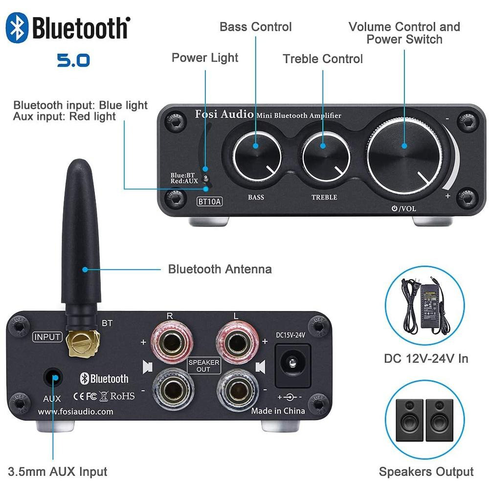 手数料安い Fosi Audio BT10A BluetoothアンプステレオスピーカーアンプBluetooth 5.0 50watt x 2  TPA3116 （電源付き）シルバー 大阪府の 店舗 -dracarlamattar.com.br