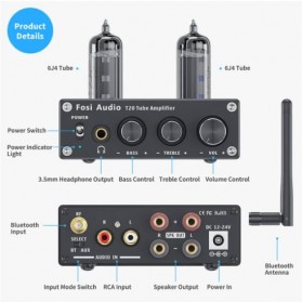 Fosi Audio Bluetooth Tube Amplifier Stereo 50W Power Headphone Amplifier for Home Passive Speakers - T20 - Black - 5