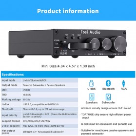 Fosi Audio Bluetooth 5.0 Amplifier 2.1 Channel Amp Receiver Class D 2x160W for Passive Speaker - BL20C - Black - 6