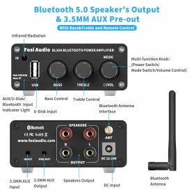 Fosi Audio Bluetooth 5.0 Amplifier 2.0 Channel Amp Receiver Class D 100W TPA3116 with Remote - BL20A - Black - 2