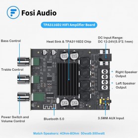 Fosi Audio Bluetooth 5.0 Amplifier 2.0 Channel Amp Receiver 2x100W TPA3116D2 - ZK1002T - Black - 2