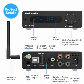Fosi Audio Bluetooth 5.0 Amplifier 2 Channel Stereo Amp Receiver Class D with Remote - DA-2120B - Black - 2